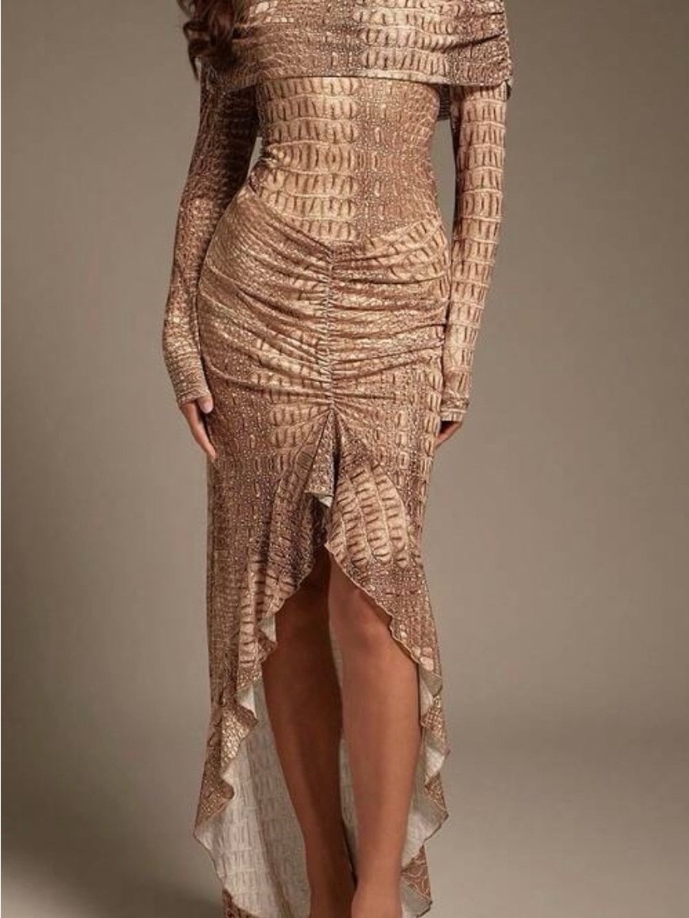 Ruched High-Low tan & Brown Off-Shoulder Dress